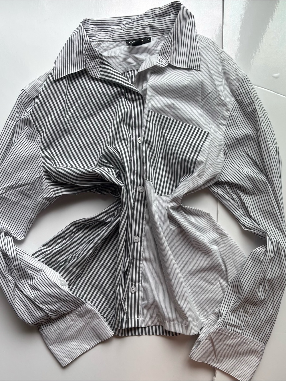 DKNY white and grey striped patchwork pinstripe button down blouse pocket office